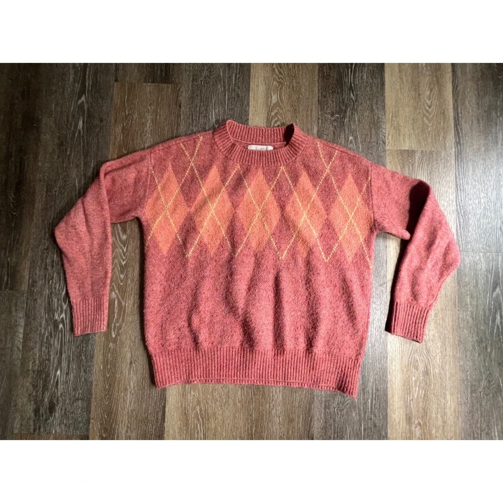 Loft Sweater Womens Medium Pink Argyle Crewneck‎ Knit Long Sleeve Pullover